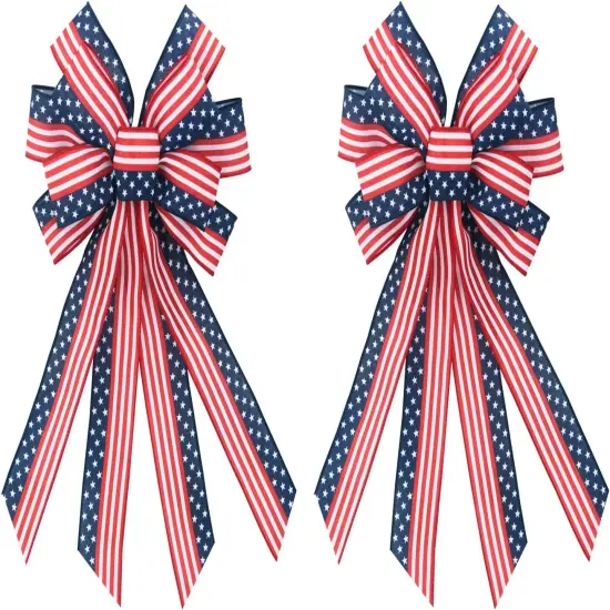 2 PCS Large Patriotic Wreath Bows, Patriotic Star and Stripe America Flag Bow for Memorial Day American Flag Wreath Bow for Front Door Indoor Outdoor Labor Day Holiday Party Home Decoration 20 * 12" {1}