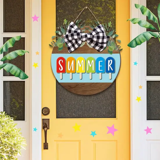12 x 12 Inch Hello Summer Door Sign Ice Cream Welcome Summer Wreath Decor Beach Hanging Door Hanger Farmhouse Decorations for Wall Front Porch Decor(Ice Lolly) {4}