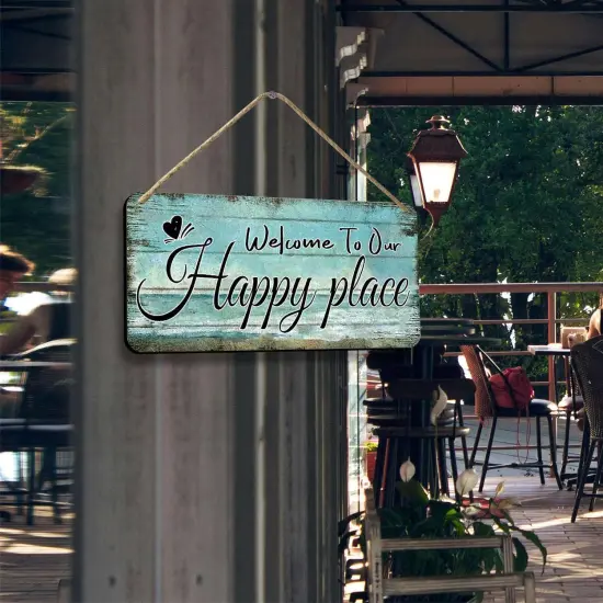 Welcome To Our Happy Place Sign Personalized Front Door Signs For Home Decor Wooden Hanging Sign Beach Signs Patio Wall Decor Summer Wood Porch Sign House Welcome Door Sign 6x12 Inch {4}