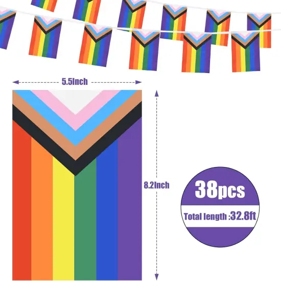 32.8ft 38 Pcs Progress Pride Pennant Flags Banner,Gay LGBTQ Rainbow Pride Banner Flag, Colorful Stripes Bunting Banner for Pride Decorations, Pride Month, Party, Restaurants, Garden Decor {2}