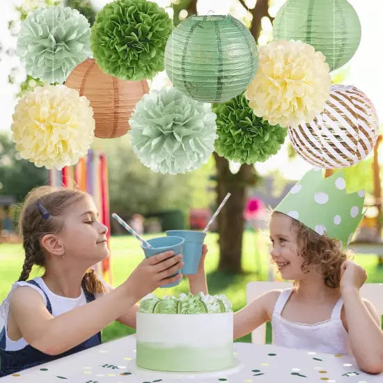 Sage Green Birthday Party Decorations Green Baby Shower Decor Olive Retro Beige Paper Lanterns Pom Poms Wedding Bridal Shower Hanging Paper Fans Birthday Ceiling Decorations for Classroom {3}