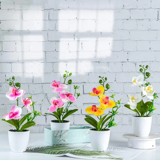 4Pcs Artificial Summer Potted Plants, Orchid Flowers Mini Potted Orchid Flowers Fake Orchids with Plastic Vase for Home Office Wedding Table Centerpiece {4}