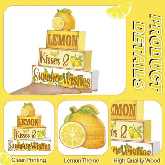 4 Pcs Summer Wooden Tiered Tray Decor Farmhouse Rustic Table Decor Books Stack Block Signs for Table & Home Office Decorations(Rustic Lemon) {3}