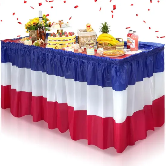 3 Pack 4th of July Plastic Table Skirts Decorations, Red White and Blue Patriotic Disposable Table Skirts, Fourth of July Table Party Decorations for Independence Memorial Veterans Day, 2.4 x 14 Ft {1}