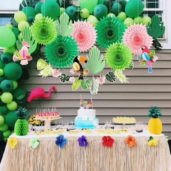 Green Pink Hanging Paper Fans for Tropical Party Decorations Tropical Bird Toucan Leaf Garland Party Kit for Summer Hawaiian Luau Tiki Tropical Jungle Themed Party Decorations {5}