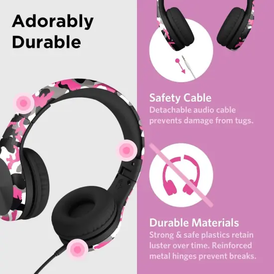 LilGadgets Connect+ Pro Wired Kids Headphones for School with Microphone, Volume Limiting & Noise Reduction Over-Ear Headset with Cord, SharePort Technology & SoftTouch Padding, Pink Camo, Ages 3-14 {3}