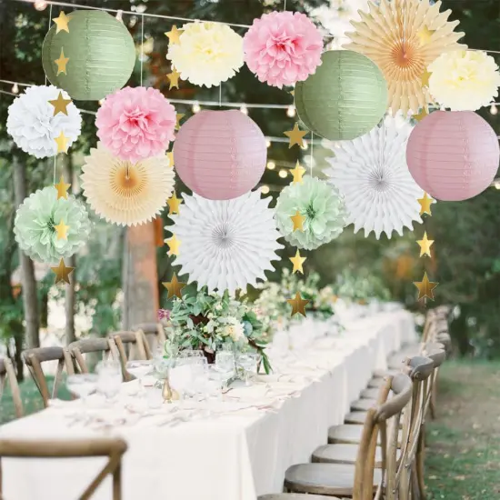Sage Green and Pink Party Decorations Paper Lanterns Decorative Pink Gold Tissue Paper Pom Poms Sage Green Party Decorations Gold Star Garland for Baby Shower Bridal Shower Birthday Wedding Engagement {2}