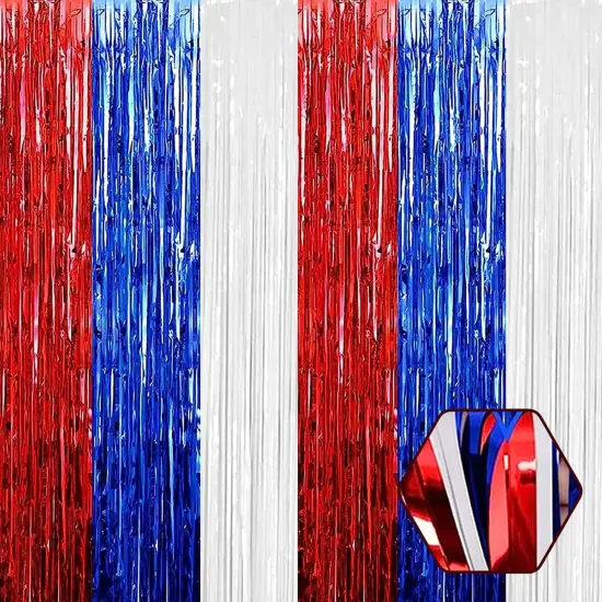 6 Pack White Blue Red Foil Fringe Curtain Backdrop, 3.28Ft x 6.6Ft Metallic Tinsel Foil Fringe Streamer Curtains {1}