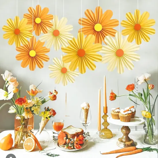 9 PCS Orange Paper Flowers Decorations for Wall Paper Fans Daisy Decoration Paper Floral Backdrop Decor Paper Fans Decoration {2}