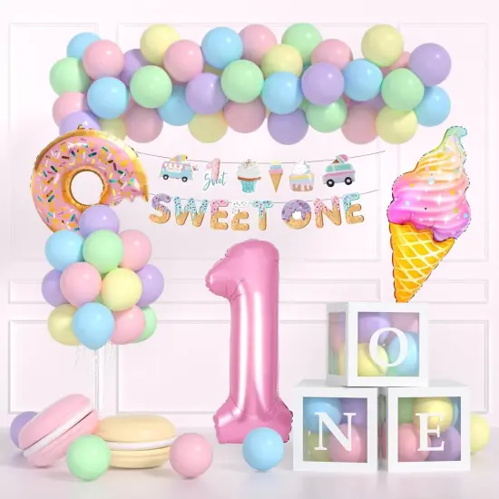 Sweet One Birthday Party Decorations, First Birthday Decorations For Girl With Pastel Balloons, 40inch Pink 1 Balloon, Sweet One Banner,O-N-E Box And Ice Cream Donuts Balloons for Party {1}