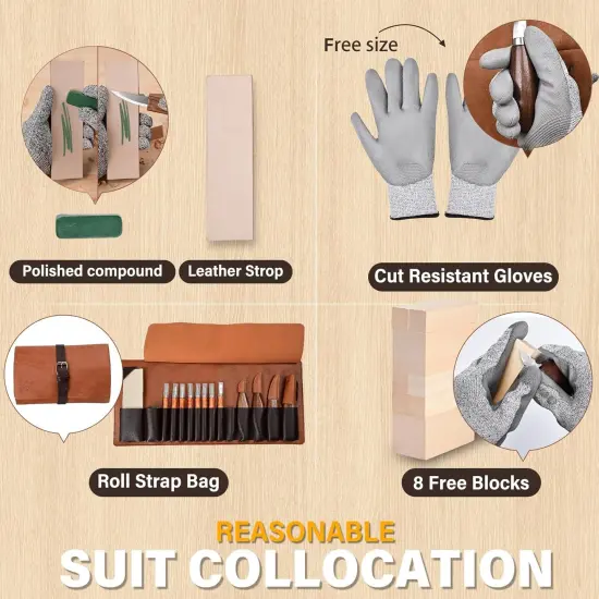 Deluxe Wood Carving Kit with Leather Case,Wood Carving Tools Set with Wood Carving Knife,Detail Knives,Basswood Blocks,Gloves,Strop Block,Polishing Compound for Whittling Kit Hobbies for Adults {2}