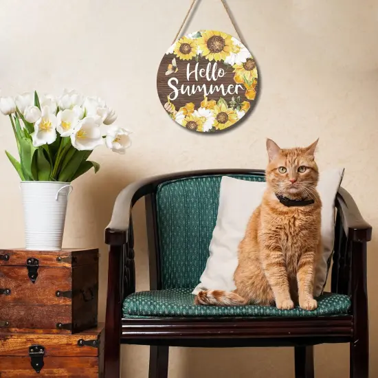 Hello Summer Sign 12 x 12 Inch Summer Themed Sunflower Welcome Sign Front Door Decor Farmhouse Porch Decoration Sunflower Round Wooden Hanging Sign for Home Garden Farmhouse Yard {4}