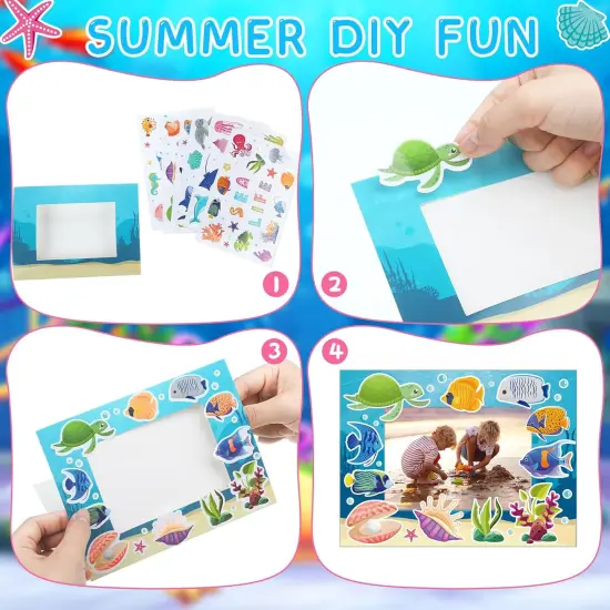 96 Pcs Summer Picture Frame Craft Kit DIY Photo Frame Craft with Stickers Summer Cardboard Photo Frame Craft Beach Pool Party Favor Activities (Ocean, Blue Series) {4}