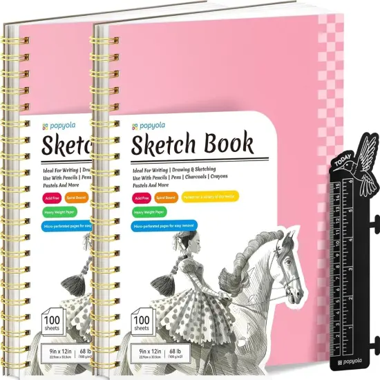 9" x 12" Sketch Book with Bookmark Ruler, 2 Pack 100 Sheets Spiral Sketchbook for Drawing (68lb/100gsm), Acid Free Sketch Pad Artist Sketching Drawing Paper for Kids Teens Adults, Pink {1}