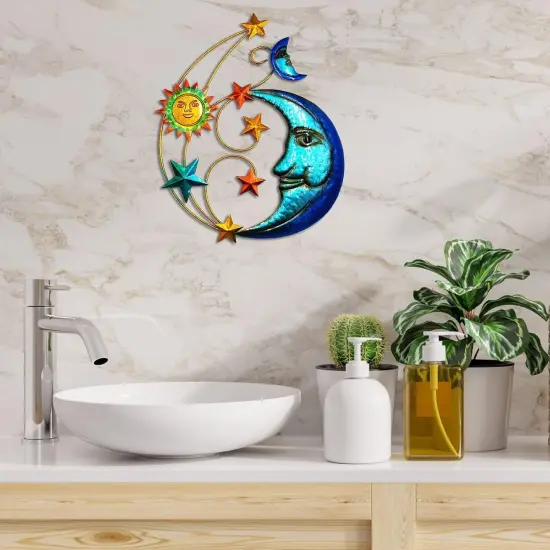 Summer Metal Sun Outdoor Wall Art Decor, Large Size 17'' Sun Face Metal Wall Sculpture with Moon & Stars for Home Wall Decoration Living Room, Bedroom, Outside Decor for Yard, Patio, Garden Fence Deck Pool {4}