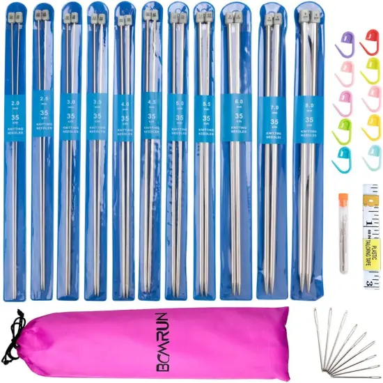 Knitting Needle Set, 22PCS 2mm(B)-8mm(L) Straight Single Pointed Stainless Steel Sweater Needles Set(11Pair-11 Size,9.8 inch) with Locking Stitch Makers Large-Eye Needles Measure Tape (36CM) {2}