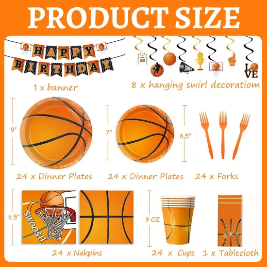 130 Pcs Basketball Party Supplies Basketball Party Decorations Plates Napkins Cups Forks Tablecloth Banner Hanging Swirl for Basketball Birthday Party Decorations, Serves 24 {2}