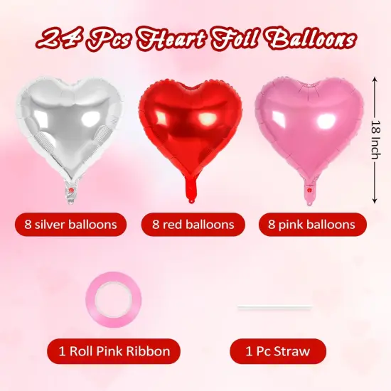 24 Pcs Red Pink Silver Heart Balloons,18 inch Heart Foil Balloons Love Balloons Valentine Balloons for Birthday Party Wedding Engagement Party Baby Shower Valentine Day Decorations (Red Pink Silver) {2}