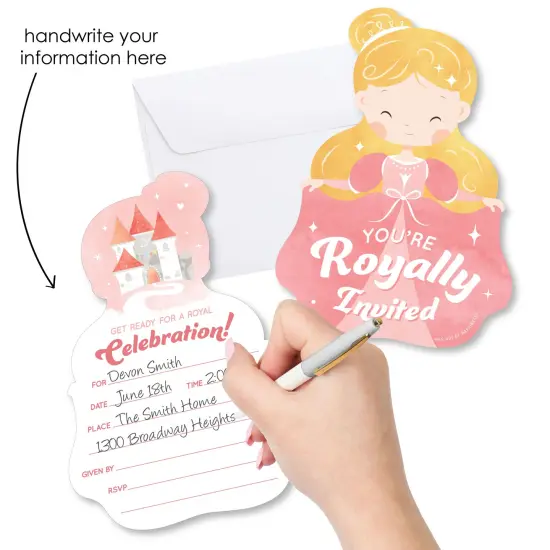 Big Dot of Happiness Princess Birthday Invitations, You're Invited Pink Royal Princess-Shaped Party Fill-In Invitation Cards with Envelopes, Set of 12 {3}