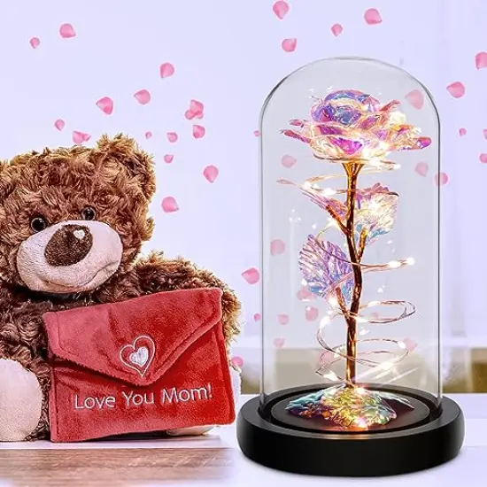 Mothers Day Flowers Gifts for Mom from Daughter Son,Birthday Gifts for Women,Mom Presents for Her,Colorful Rainbow Light Up Rose in A Glass Dome Grandma Presents for Her Wife Girls Valentines {3}