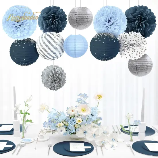 Dusty Blue Wedding Decorations, 12 PCS Blue Grey Tissue Pom Poms Paper Lanterns Decor for Birthday, Bridal Shower, Baby Shower, Bachelorette Party Hanging Decoration Supplies {2}