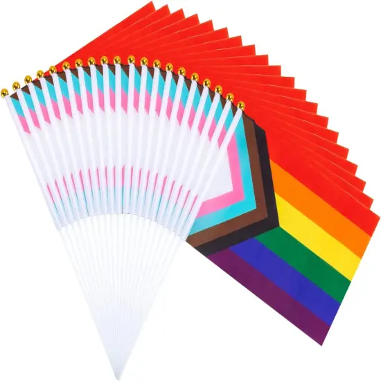 50 Pack Progress Rainbow Pride Small Hand Held Flag for Parades, Gay Stick USA American Rainbow Festival {1}