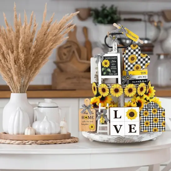 15 Pcs Sunflower Tiered Tray Decor Set Wooden Sunflower Ornament Rustic Sunflower Decorations Farmhouse Sunflower Sign for Gifting Table Home Decor {4}