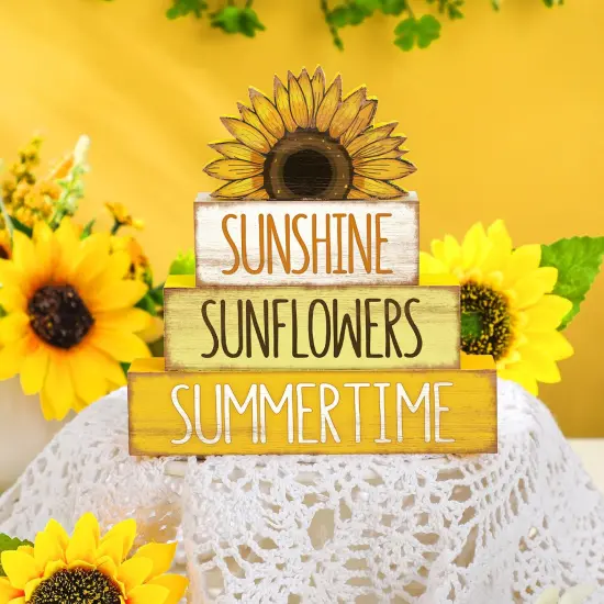 4 Pcs Summer Wooden Tiered Tray Decor Farmhouse Rustic Table Decor Books Stack Block Signs for Table & Home Office Decorations(Sunflower Style) {3}