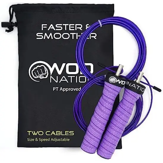 WOD Nation Attack Speed Jump Rope : Adjustable Jumping Ropes : Unique Two Cable Skipping Workout System : One Thick and One Light 11 Foot Cable : Perfect for Double Unders : Men and Women Purple {1}