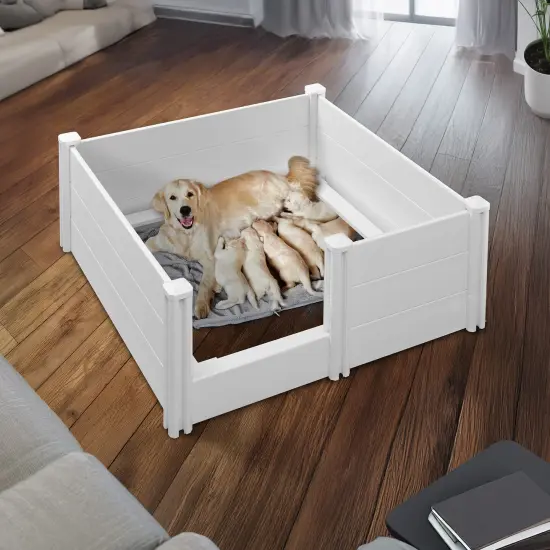 SmithBuilt 48" x 48" x 18" Whelping Box for Dogs and Puppies, Heavy Duty PVC Whelping Pen and Birthing Box with Rails and Adjustable Height Door, White {6}