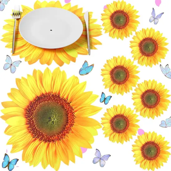 Leather Summer Sunflower Placemats Set of 6 Sunflower Shape Table Mat Washable Summer Floral Place Mats for Spring Tables Home Kitchen Dining Indoor Outdoor Party Gift Harvest Decoration {1}