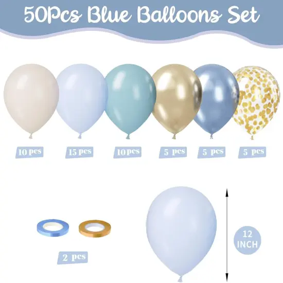 Blue Balloons Set, 50Pcs Blue and Gold Balloons, 12 Inch Dusty Baby Metallic Blue Balloons Metallic Gold Confetti Apricot Beige Balloons for Boys Birthday Boho Wedding Graduation Supplies {2}