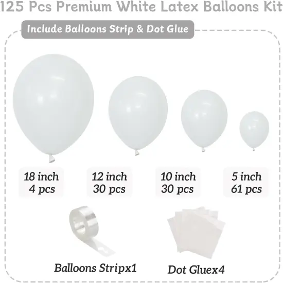 125pcs White Balloons Different Sizes, 18 inch 12 inch 10 inch 5 Inch Latex Balloons for Birthday Decoration, Wedding, Anniversary, Baby Shower Decorations, and Balloon Garland Balloon Arch {2}