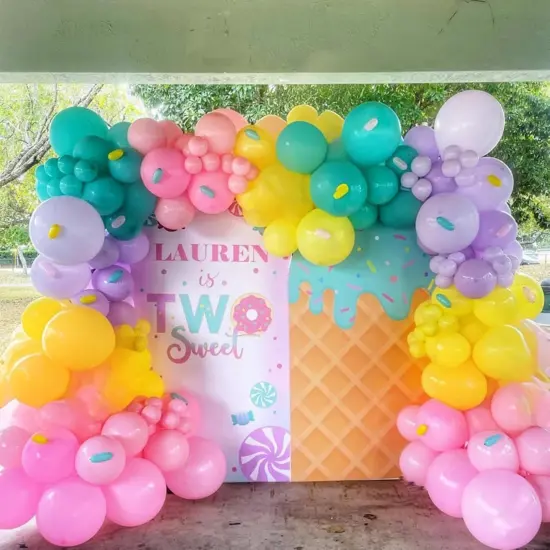 Rainbow Colorful Balloons Arch for Candy Sweet One Two Donut Grow Up Ice Cream Birthday Party Decorations Pastel Purple Pink Blue Yellow Brown Confetti Latex Balloons Garland with Long Balloons {2}