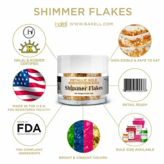 Metallic Gold Edible Shimmer Flakes, 4 Gram Jar {4}
