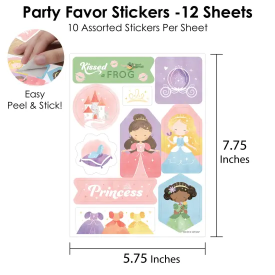 Big Dot of Happiness Princess Party Favor Sticker Sheet Sets, Princess Birthday Party Favors for Girls - 12 Sheets - 120 Stickers {4}