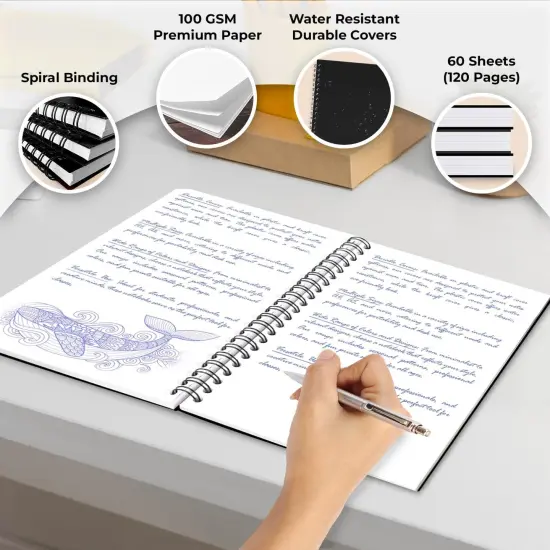 Unlined Spiral Notebook, 6 Pack, 8.3 x 5.8", 120 Pages (60 Sheets), Thick Black Water Resistant Cover, Thick No-Bleed 100 GSM Blank Paper, A5 Unlined Notebook, Travel Journal, Small Blank Sketchbook {2}