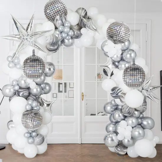 6 PCS Disco Ball Balloons Silver Disco Mylar Foil Balloons 22 Inch Huge 4D Round Metallic Sphere Disco Party Balloons for 70s 80s 90s Party Decorations Birthday Bachelorette Party Graduation {3}