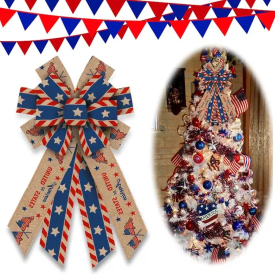 Large 4th of July Patriotic Bows for Wreath, American Flag Wreath Bows Blue Natural Burlap Bows Memorial Day Decorations Tree Topper Bows for Front Door Supplies {1}