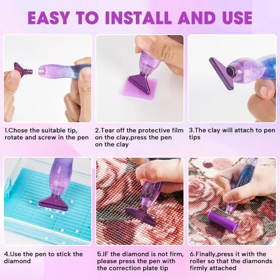 Ergonomic Diamond Painting Art Pen Accessories Kits with 6 Metal Tips, 6 Painting Glue Clay, Roller,Multi Placer Tips for DIY Crafts {5}