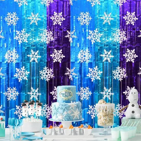 Winter Princess Birthday Party Decorations, 2 Pack Ice Birthday Party Supplies 3.3x6.6ft Tinsel Foil Fringe Curtains, Winter Photo Booth Prop Backdrop Streamer, Snowflake Birthday Party Decor {5}
