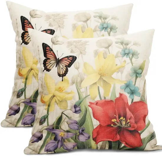 Spring Summer Flower Outdoor Decorative Pillow Covers 18x18 Inch Set of 2 Floral Butterfly Throw Pillows Spring Farmhouse Pillowcases Cotton Linen Cushion Covers for Couch Bed Sofa Chair Home Decor {1}