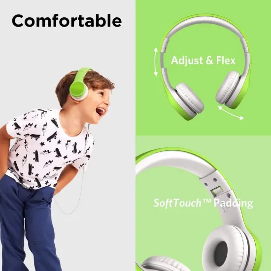 LilGadgets Connect+ Style On-Ear Kids Headphones with Microphone - SharePort Technology, SoftTouch Padding, Detachable Cable, Noise Reduction, Durable & Adjustable - Green, Ages 3-14 {2}