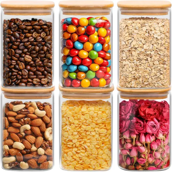 37 oz Glass Storage Containers with Lids, Glass Jars with Lids, Clear Food Jar, Square Canister Set of 6, Pantry Organizers and Storage for Cookie Flour Oat Pasta Tea Coffee Bean {1}