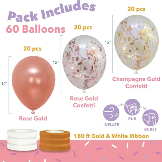 60 PACK Dandy Decor Rose Gold Balloons + Confetti Balloons w/Ribbon | Rosegold Balloons for Parties | Bridal & Baby Shower Balloon Decorations | Latex Party Balloons | Graduation, Engagement, Wedding {1}
