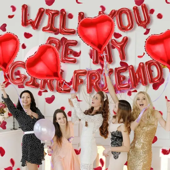 Will You Be My Girlfriend - Letter Foil Balloons Decorations 4 Pcs Red Heart Balloon and 500 Pcs Artificial Rose Petals For Proposal Wedding Valentine Day Decor Supplies {5}
