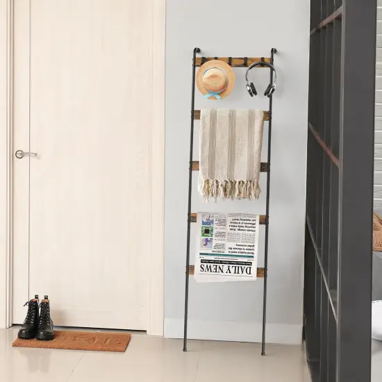 5-Tier Blanket Ladder with 10 Removable Hooks - Rustic Brown Wall-Leaning Towel Rack Organizer for Living Room, Bedroom, Bathroom Decor {5}