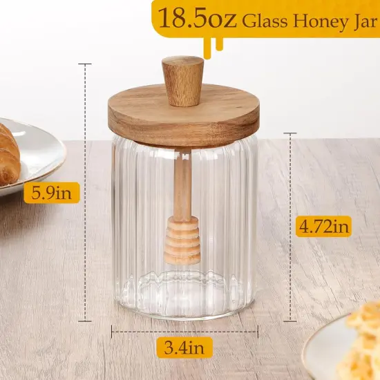 18.5oz Glass Honey Jar with Dipper Stick and Wooden Lid, Honey Pot with Wooden Dipper, Airtight Honey Containers with Dipper {2}