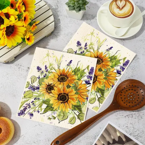 4Pcs Watercolor Sunflower Swedish Kitchen Dishcloth Summer Floral Cotton Kitchen Towel Reusable Absorbent Dish Towel for Home Kitchen Housewarming Cleaning, 7 x 8 Inch {4}
