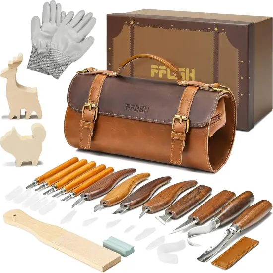 Wood Carving Tools Kit 20Pcs - Whittling Knife Set with Animal Wood Carving Blocks for Beginners, Woodworking Tools Gifts for Kids & Adults with Cut-Resistant Gloves & Large Leather Case {1}